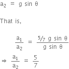 straight a subscript 2 space equals space straight g space sin space straight theta

That space is comma

space space space space space space straight a subscript 1 over straight a subscript 2 space equals space fraction numerator bevelled 5 over 7 space straight g space sin space straight theta over denominator straight g space sin space straight theta end fraction
rightwards double arrow space straight a subscript 1 over straight a subscript 2 space equals space 5 over 7