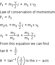 straight P subscript straight f space equals space straight m subscript 2 straight v over 2 straight j space plus space straight m subscript 1 space straight x space straight v subscript 2
Law space of space conservation space of space momentum
straight P subscript straight i space equals space straight P subscript straight f
straight m subscript 2 straight v subscript straight i space equals straight m subscript 2 space straight v over 2 straight j space plus straight m subscript 1 straight x space straight v subscript 1
straight v subscript 1 space equals space fraction numerator straight m subscript 2 over denominator straight m subscript 1 space end fraction vi space plus straight m subscript 2 over straight m subscript 1 straight v over 2 straight j
From space this space equation space we space can space find
tan space straight theta space equals space 1 half
straight theta space equals space tan to the power of negative 1 end exponent space open parentheses 1 half close parentheses space to space the space straight x minus space axis