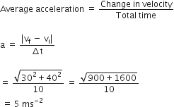 Average space acceleration space equals space fraction numerator Change space in space velocity over denominator Total space time end fraction

straight a space equals space fraction numerator vertical line straight v subscript straight f space minus space straight v subscript straight i vertical line over denominator increment straight t end fraction

equals space fraction numerator square root of 30 squared plus 40 squared end root over denominator 10 end fraction space equals space fraction numerator square root of 900 plus 1600 end root over denominator 10 end fraction
space equals space 5 space ms to the power of negative 2 end exponent