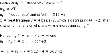 suppose space straight n subscript straight p space equals space frequency space of space piano space equals space ? space
left parenthesis straight n subscript straight p space proportional to space square root of straight T
straight n subscript straight f space equals space frequency space of space tuning space fork space equals space 512 space Hz
straight x space equals space beat space frequency space equals space 4 space beats divided by straight s. space which space is space decreasing space left parenthesis 4 space rightwards arrow 2 right parenthesis space after
changing space the space tension space of space piano space wire space is space increasing space so space straight n subscript straight p space upwards arrow

Hence comma space straight n subscript straight p space upwards arrow space minus space straight n subscript straight f space equals space straight x downwards arrow space rightwards arrow space wrong
straight n subscript straight f space minus space straight n subscript straight p space upwards arrow space equals space straight x space downwards arrow space rightwards arrow space correct

rightwards double arrow space straight n subscript straight p space equals space straight n subscript straight f space minus space straight x space equals space 512 minus 4 space equals space 508 space Hz