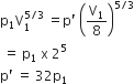 straight p subscript 1 straight V subscript 1 superscript 5 divided by 3 end superscript space equals straight p apostrophe space open parentheses straight V subscript 1 over 8 close parentheses to the power of 5 divided by 3 end exponent
space equals space straight p subscript 1 space straight x space 2 to the power of 5
straight p apostrophe space equals space 32 straight p subscript 1