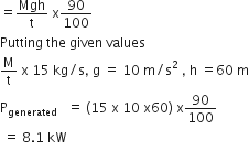 equals Mgh over straight t space straight x 90 over 100
Putting space the space given space values
straight M over straight t space straight x space 15 space kg divided by straight s comma space straight g space equals space 10 space straight m divided by straight s squared space comma space straight h space equals 60 space straight m
straight P subscript generated space end subscript space space equals space left parenthesis 15 space straight x space 10 space straight x 60 right parenthesis space straight x 90 over 100
space equals space 8.1 space kW
