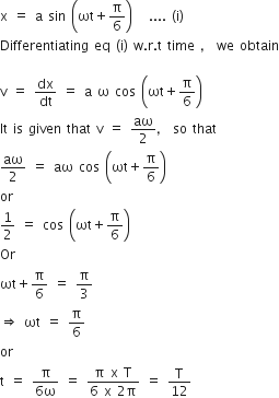straight x space equals space straight a space sin space open parentheses ωt plus straight pi over 6 close parentheses space space space.... space left parenthesis straight i right parenthesis
Differentiating space eq space left parenthesis straight i right parenthesis space straight w. straight r. straight t space time space comma space we space obtain

straight v space equals space dx over dt space equals space straight a space straight omega space cos space open parentheses ωt plus straight pi over 6 close parentheses
It space is space given space that space straight v space equals space aω over 2 comma space so space that
aω over 2 space equals space aω space cos space open parentheses ωt plus straight pi over 6 close parentheses
or
1 half space equals space cos space open parentheses ωt plus straight pi over 6 close parentheses
Or space
ωt plus straight pi over 6 space equals space straight pi over 3
rightwards double arrow space ωt space equals space straight pi over 6
or space
straight t space equals space fraction numerator straight pi over denominator 6 straight omega end fraction space equals space fraction numerator straight pi space straight x space straight T over denominator 6 space straight x space 2 straight pi end fraction space equals space straight T over 12
