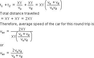 straight t subscript 1 space plus straight t subscript 2 space equals space XY over straight v subscript straight u space plus XY over straight v subscript straight d space equals space XY space open parentheses fraction numerator straight v subscript straight u space plus straight v subscript straight d over denominator straight v subscript straight u straight v subscript straight d end fraction close parentheses
Total space distance space travelled
equals space XY space plus space XY space equals space 2 XY
Therefore comma space average space speed space of space the space car space for space this space round space trip space is
straight v subscript av space equals space fraction numerator 2 XY over denominator XY open parentheses begin display style fraction numerator straight v subscript straight u plus straight v subscript straight d over denominator straight v subscript straight u straight v subscript straight d end fraction end style close parentheses end fraction
or
straight v subscript av space equals space fraction numerator 2 straight v subscript straight u straight v subscript straight d over denominator straight v subscript straight u plus straight v subscript straight d end fraction