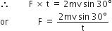 therefore space space space space space space space space space straight F space cross times space straight t space equals space 2 mv space sin space 30 degree
or space space space space space space space space space space space space space space straight F space equals space fraction numerator 2 mv space sin space 30 degree over denominator straight t end fraction