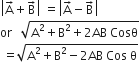 open vertical bar straight A with rightwards arrow on top plus straight B with rightwards arrow on top close vertical bar space equals open vertical bar straight A with rightwards arrow on top minus straight B with rightwards arrow on top close vertical bar
or space space space square root of straight A squared plus straight B squared plus 2 AB space Cosθ end root
space equals square root of straight A squared plus straight B squared minus 2 AB space Cos space straight theta end root