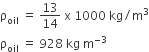 straight rho subscript oil space equals space 13 over 14 space straight x space 1000 space kg divided by straight m cubed
straight rho subscript oil space equals space 928 space kg space straight m to the power of negative 3 end exponent