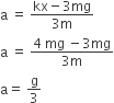 straight a space equals space fraction numerator kx minus 3 mg over denominator 3 straight m end fraction
straight a space equals space fraction numerator 4 space mg space minus 3 mg over denominator 3 straight m end fraction
straight a equals space straight g over 3