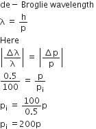 de minus space Broglie space wavelength space
straight lambda space equals space straight h over straight p
Here
open vertical bar fraction numerator increment straight lambda over denominator straight lambda end fraction close vertical bar space equals space open vertical bar fraction numerator increment straight p over denominator straight p end fraction close vertical bar
fraction numerator 0.5 over denominator 100 end fraction space equals space straight p over straight p subscript straight i
straight p subscript straight i space equals space fraction numerator 100 over denominator 0.5 end fraction straight p
straight p subscript straight i space equals 200 straight p