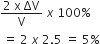 fraction numerator 2 space straight x space ΔV over denominator straight V end fraction space x space 100 percent sign
space equals space 2 space x space 2.5 space equals space 5 percent sign