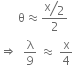 space space space space space space straight theta almost equal to fraction numerator begin display style bevelled straight x over 2 end style over denominator 2 end fraction
rightwards double arrow space space straight lambda over 9 space almost equal to space straight x over 4