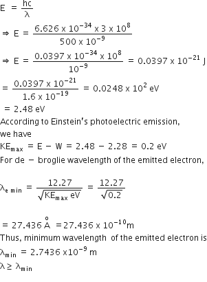 straight E space space equals space hc over straight lambda
rightwards double arrow space straight E space equals space fraction numerator 6.626 space straight x space 10 to the power of negative 34 end exponent space straight x space 3 space straight x space 10 to the power of 8 over denominator 500 space straight x space 10 to the power of negative 9 end exponent end fraction
rightwards double arrow space straight E space equals space fraction numerator 0.0397 space straight x space 10 to the power of negative 34 end exponent space straight x space 10 to the power of 8 over denominator 10 to the power of negative 9 end exponent end fraction space equals space 0.0397 space straight x space 10 to the power of negative 21 end exponent space straight J
equals space fraction numerator 0.0397 space straight x space 10 to the power of negative 21 end exponent over denominator 1.6 space straight x space 10 to the power of negative 19 end exponent end fraction space equals space 0.0248 space straight x space 10 squared space eV
space equals space 2.48 space eV
According space to space Einstein apostrophe straight s space photoelectric space emission comma space
we space have
KE subscript max space equals space straight E space minus space straight W space equals space 2.48 space minus space 2.28 space equals space 0.2 space eV
For space de space minus space broglie space wavelength space of space the space emitted space electron comma

straight lambda subscript straight e space min end subscript space equals space fraction numerator 12.27 over denominator square root of KE subscript max space eV end root end fraction space equals space fraction numerator 12.27 over denominator square root of 0.2 end root end fraction

equals space 27.436 space straight A with straight o on top space space equals 27.436 space straight x space 10 to the power of negative 10 end exponent straight m
Thus comma space minimum space wavelength space space of space the space emitted space electron space is
straight lambda subscript min space equals space 2.7436 space straight x 10 to the power of negative 9 end exponent space straight m space
straight lambda greater or equal than space straight lambda subscript min
