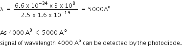 straight lambda space equals space fraction numerator 6.6 space straight x space 10 to the power of negative 34 end exponent space straight x space 3 space straight x space 10 to the power of 8 space over denominator 2.5 space straight x space 1.6 space straight x space 10 to the power of negative 19 end exponent end fraction space equals space 5000 straight A to the power of straight o

As space 4000 space straight A to the power of 0 space less than space 5000 space straight A thin space to the power of straight o
signal space of space wavelength space 4000 space straight A to the power of straight o space can space be space detected space by space the space photodiode.