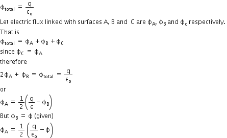 straight ϕ subscript total space equals space straight q over straight epsilon subscript straight o
Let space electric space flux space linked space with space surfaces space straight A comma space straight B space and space space straight C space are space straight ϕ subscript straight A comma space straight ϕ subscript straight B space and space straight ϕ subscript straight c space respectively. space
That space is space
straight ϕ subscript total space equals space straight ϕ subscript straight A space plus straight ϕ subscript straight B space plus straight ϕ subscript straight C
since space straight ϕ subscript straight C space equals space straight ϕ subscript straight A
therefore
2 straight ϕ subscript straight A space plus space straight ϕ subscript straight B space equals space straight ϕ subscript total space equals space straight q over straight epsilon subscript straight o
or
straight ϕ subscript straight A space equals space 1 half open parentheses straight q over straight epsilon minus straight ϕ subscript straight B close parentheses
But space straight ϕ subscript straight B space equals space straight ϕ space left parenthesis given right parenthesis
straight ϕ subscript straight A space equals space 1 half space open parentheses straight q over straight epsilon subscript straight o minus straight ϕ close parentheses