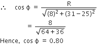 therefore space space space space space cos space straight ϕ space equals space fraction numerator straight R over denominator square root of left parenthesis 8 right parenthesis squared plus left parenthesis 31 minus 25 right parenthesis squared end root end fraction
space space space space space space space space space space space space space space space space space equals space fraction numerator 8 over denominator square root of 64 plus 36 end root end fraction
Hence comma space space cos space straight ϕ space equals space 0.80