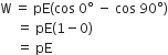 straight W space equals space pE left parenthesis cos space 0 degree space minus space cos space 90 degree right parenthesis
space space space space space equals space pE left parenthesis 1 minus 0 right parenthesis
space space space space space equals space pE