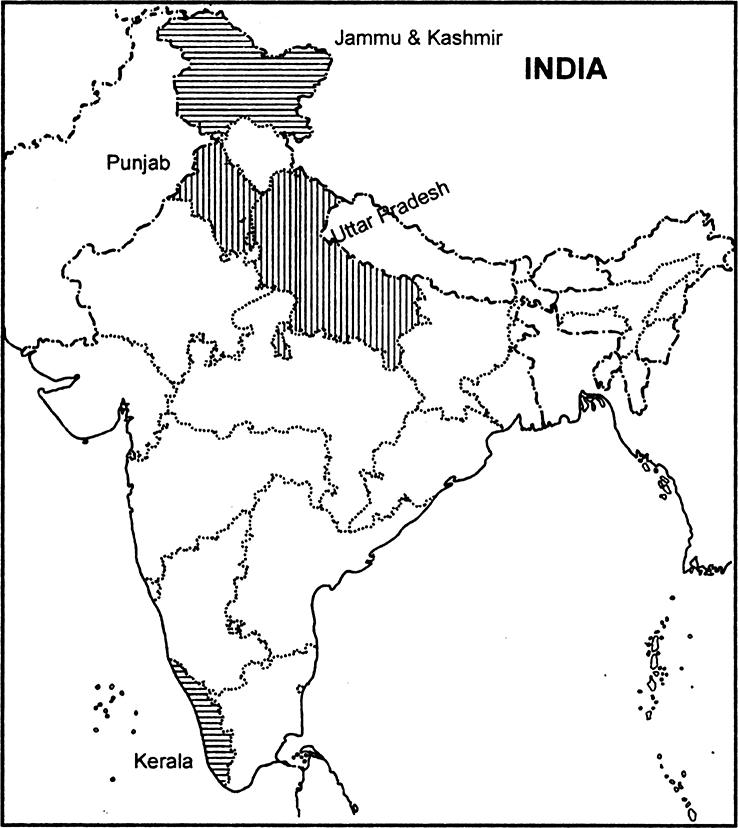 Take a political map of India (with state outlines) and mark:
(a) two states where Congress was not in power at some point during 1952-1967.
(b) two states where the Congress remained in power through this period.
 