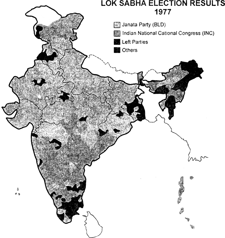 Read the map given below and answer the questions that follow :
(i) Identify the States where Congress lost,
(ii) Congress lost very badly and
(iii) those States where Congress and its allies nearly swept the polls.
(iv) In which States Congress was able to retain many seats ?