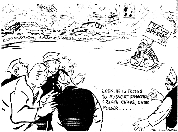 Look at the cartoon given below and answer the questions that follow : (i) What has been shown in the cartoon ? (ii) Which election was fought on the slogan of ‘save democracy’ and by which political party ? (iii) What do you understand by corruption, lawlessness and violence in the cartoon ?