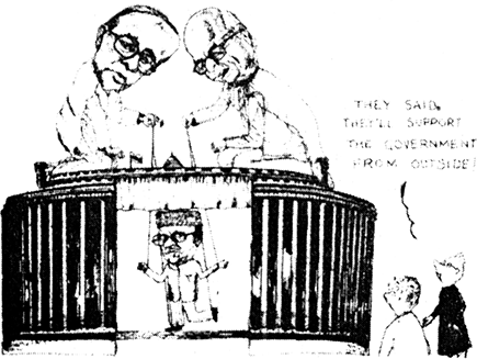 See the cartoon given below and answer the questions that follow :
(i) What does this cartoon depict ?
(ii) What type of support was given by Left and the BJP ?
(iii) Was this a puppet govt. ?