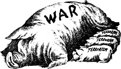 Read the cartoon below and write a short note in favour or against the connection between war and terrorism depicted in this cartoon.