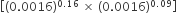 open square brackets left parenthesis 0.0016 right parenthesis to the power of 0.16 end exponent space cross times space left parenthesis 0.0016 right parenthesis to the power of 0.09 end exponent close square brackets
