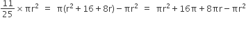 11 over 25 cross times πr squared space equals space straight pi left parenthesis straight r squared plus 16 plus 8 straight r right parenthesis minus πr squared space equals space πr squared plus 16 straight pi plus 8 πr minus πr squared
