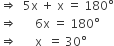 rightwards double arrow space space 5 straight x space plus space straight x space equals space 180 degree
rightwards double arrow space space space space space space 6 straight x space equals space 180 degree
rightwards double arrow space space space space space space straight x space space equals space 30 degree