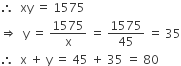 therefore space space xy space equals space 1575
rightwards double arrow space space straight y space equals space 1575 over straight x space equals space 1575 over 45 space equals space 35
therefore space space straight x space plus space straight y space equals space 45 space plus space 35 space equals space 80