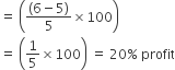 equals space open parentheses fraction numerator left parenthesis 6 minus 5 right parenthesis over denominator 5 end fraction cross times 100 close parentheses
equals space open parentheses 1 fifth cross times 100 close parentheses space equals space 20 percent sign space profit