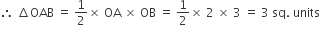 therefore space increment OAB space equals space 1 half cross times space OA space cross times space OB space equals space 1 half cross times space 2 space cross times space 3 space equals space 3 space sq. space units