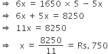 rightwards double arrow space space 6 straight x space equals space 1650 space cross times space 5 space minus space 5 straight x
rightwards double arrow space space 6 straight x space plus space 5 straight x space equals space 8250
rightwards double arrow space space 11 straight x space equals space 8250
rightwards double arrow space space space space straight x space equals space 8250 over 11 space equals space Rs. space 750