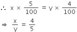 therefore space space straight x space cross times space 5 over 100 space equals space straight y space cross times space 4 over 100
rightwards double arrow space space straight x over straight y space equals space 4 over 5