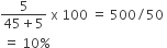 fraction numerator 5 over denominator 45 plus 5 end fraction space straight x space 100 space equals space 500 divided by 50 space
space equals space 10 percent sign