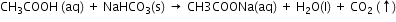 CH subscript 3 COOH space left parenthesis aq right parenthesis space plus space NaHCO subscript 3 left parenthesis straight s right parenthesis space rightwards arrow space CH 3 COONa left parenthesis aq right parenthesis space plus space straight H subscript 2 straight O left parenthesis straight l right parenthesis space plus space CO subscript 2 space left parenthesis upwards arrow right parenthesis