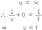 space space space space space space space space space space space space space straight u space equals space infinity
therefore space 1 over straight v plus 0 space equals space 1 over straight f
rightwards double arrow space space space space space space space space space space straight v space equals space straight f
