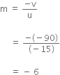 straight m space equals space fraction numerator negative straight v over denominator straight u end fraction

space space space space space equals space fraction numerator negative left parenthesis negative 90 right parenthesis over denominator left parenthesis negative 15 right parenthesis end fraction

space space space space space equals space minus space 6