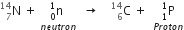 straight N presubscript 7 presuperscript 14 space plus space stack straight n presubscript 0 presuperscript 1 space with n e u t r o n below space space rightwards arrow space space space space straight C presubscript 6 presuperscript 14 space plus space space stack straight P presubscript 1 presuperscript 1 with P r o t o n below