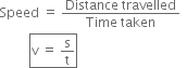 Speed space equals space fraction numerator Distance space travelled over denominator Time space taken end fraction space space
space space space space space space space space space box enclose straight v space equals space straight s over straight t end enclose