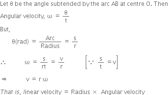 Let space straight theta space be space the space angle space subtended space by space the space arc space AB space at space centre space straight O. space Then
Angular space velocity comma space straight omega space equals space straight theta over straight t
But comma
space space space space space space space space straight theta left parenthesis rad right parenthesis space equals space Arc over Radius space equals space straight s over straight r

therefore space space space space space space space space space space space space straight omega space equals space straight s over rt space equals space straight v over straight r space space space space space space space space space space space space space space open square brackets because space space straight s over straight t space equals straight v close square brackets

rightwards double arrow space space space space space space space space space space space space straight v space equals space straight r space straight omega

T h a t space i s comma space l inear space velocity space equals space Radius space cross times space space Angular space velocity