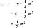 therefore space space space space straight s space space equals u t plus 1 half a t squared space
space space space space space space space space space space space equals space 0 space plus space 1 half a t squared space
space space space space space space space space space space space equals space 1 half a t squared