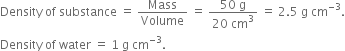 Density space of space substance space equals space Mass over Volume space equals space fraction numerator 50 space straight g over denominator 20 space cm cubed end fraction space equals space 2.5 space straight g space cm to the power of negative 3 end exponent.
Density space of space water space equals space 1 space straight g space cm to the power of negative 3 end exponent.