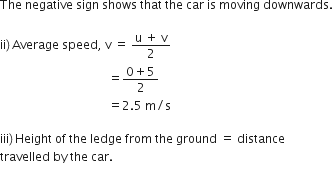 The space negative space sign space shows space that space the space car space is space moving space downwards. space

ii right parenthesis thin space Average space speed comma space straight v space equals space fraction numerator straight u space plus space straight v over denominator 2 end fraction
space space space space space space space space space space space space space space space space space space space space space space space space space space space space space space space space space space space space equals fraction numerator 0 plus 5 over denominator 2 end fraction
space space space space space space space space space space space space space space space space space space space space space space space space space space space space space space space space space space space space equals 2.5 space straight m divided by straight s

iii right parenthesis thin space Height space of space the space ledge space from space the space ground space equals space distance
travelled space by space the space car. space
