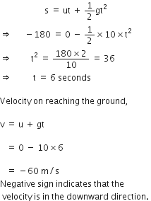 space space space space space space space space space space space space space space space space space space space space space straight s space equals space ut space plus space 1 half gt squared space
rightwards double arrow space space space space space space minus 180 space equals space 0 space minus space 1 half cross times 10 cross times straight t squared
rightwards double arrow space space space space space space space space space straight t squared space equals space fraction numerator 180 cross times 2 over denominator 10 end fraction space equals space 36 space
rightwards double arrow space space space space space space space space space space straight t space equals space 6 space seconds

Velocity space on space reaching space the space ground comma space

straight v space equals space straight u space plus space gt space

space space space equals space 0 space minus space 10 cross times 6

space space space equals space minus 60 space straight m divided by straight s
Negative space sign space indicates space that space the
space velocity space is space in space the space downward space direction. space