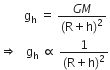 space space space space space space space space straight g subscript straight h space equals space fraction numerator G M over denominator left parenthesis straight R plus straight h right parenthesis squared end fraction space
rightwards double arrow space space space straight g subscript straight h space proportional to space fraction numerator 1 over denominator left parenthesis straight R plus straight h right parenthesis squared end fraction