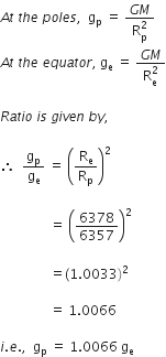 A t space t h e space p o l e s comma space space straight g subscript straight p space equals space fraction numerator G M over denominator straight R subscript straight p superscript 2 end fraction
A t space t h e space e q u a t o r comma space straight g subscript straight e space equals space fraction numerator G M over denominator straight R subscript straight e superscript 2 end fraction

R a t i o space i s space g i v e n space b y comma

therefore space space straight g subscript straight p over straight g subscript straight e space equals space open parentheses straight R subscript straight e over straight R subscript straight p close parentheses squared space

space space space space space space space space space space space space space space space equals space open parentheses 6378 over 6357 close parentheses squared space

space space space space space space space space space space space space space space space equals left parenthesis 1.0033 right parenthesis squared space

space space space space space space space space space space space space space space space equals space 1.0066

i. e. comma space space straight g subscript straight p space equals space 1.0066 space straight g subscript straight e