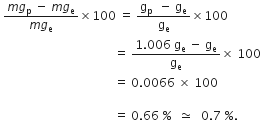 space fraction numerator m g subscript straight p space minus space m g subscript straight e over denominator m g subscript straight e end fraction cross times 100 space equals space fraction numerator straight g subscript straight p space space minus space straight g subscript straight e over denominator straight g subscript straight e end fraction cross times 100
space space space space space space space space space space space space space space space space space space space space space space space space space space space space space space space space space space space space space space equals space fraction numerator 1.006 space straight g subscript straight e space minus space straight g subscript straight e over denominator straight g subscript straight e end fraction cross times space 100
space space space space space space space space space space space space space space space space space space space space space space space space space space space space space space space space space space space space space space equals space 0.0066 space cross times space 100 space

space space space space space space space space space space space space space space space space space space space space space space space space space space space space space space space space space space space space space space equals space 0.66 space percent sign space space asymptotically equal to space space space 0.7 space percent sign.