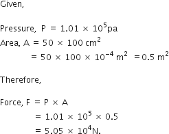 Given comma space

Pressure comma space space straight P space equals space 1.01 space cross times space 10 to the power of 5 pa
Area comma space straight A space equals space 50 space cross times space 100 space cm squared space
space space space space space space space space space space space space space space equals space 50 space cross times space 100 space cross times space 10 to the power of negative 4 end exponent space straight m squared space space equals 0.5 space straight m squared

Therefore comma space

Force comma space straight F space equals space straight P space cross times space straight A space
space space space space space space space space space space space space space space space space equals space 1.01 space cross times space 10 to the power of 5 space cross times space 0.5
space space space space space space space space space space space space space space space space equals space 5.05 space cross times space 10 to the power of 4 straight N. space