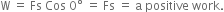 straight W space equals space Fs space Cos space 0 degree space equals space Fs space equals space straight a space positive space work.