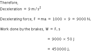 Therefore comma space
Deceleration space equals space 9 space straight m divided by straight s squared

Decelerating space force comma space straight F space equals ma space equals space 1000 space cross times space 9 space equals space 9000 space straight N.

Work space done space by space the space brakes comma space straight W space equals space straight F. space straight s space

space space space space space space space space space space space space space space space space space space space space space space space space space space space space space space space space space space space space space space space space space space space space space space space space space space space equals space 9000 space cross times space 50 space straight J space

space space space space space space space space space space space space space space space space space space space space space space space space space space space space space space space space space space space space space space space space space space space space space space space space space space space equals space 450000 space straight J.